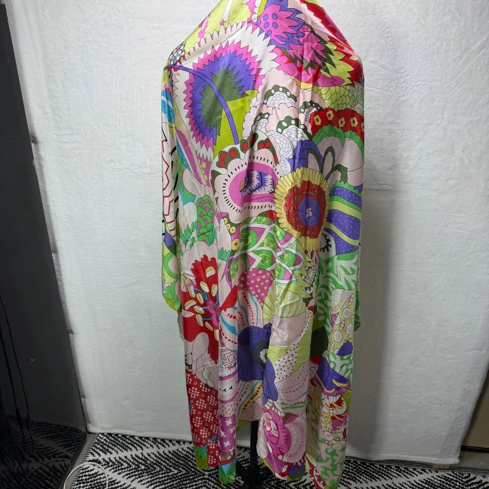 Large‎ Psychedelic Floral Silk Scarf Lime Green Pink Geometric 53x53 Made France